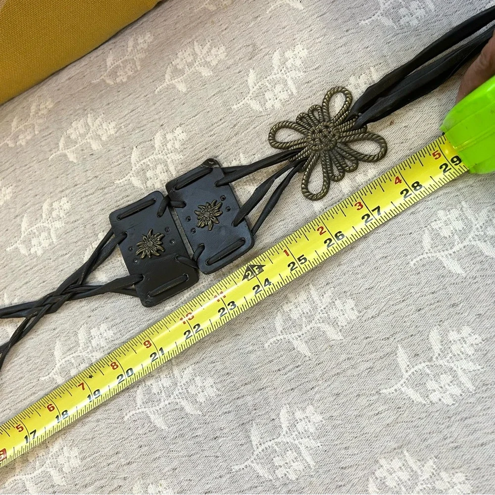 Leather Belt Tie Chord Antique Brass Finish Inlay Boho Chic Tribal Dark Brown